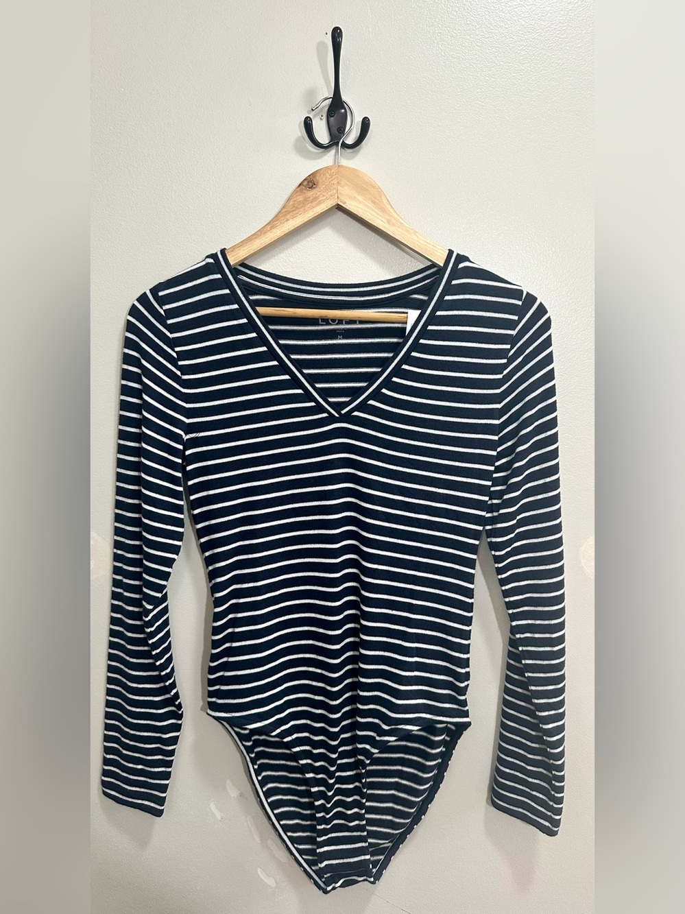 NWT LOFT Navy and White Striped V Neck Long Sleeve Bodysuit Size M